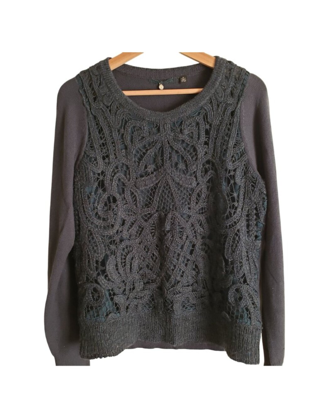 Anthropologie Crochet Wool Sweater M Dark Blue w Intricate Lace Front Pullover - Picture 10 of 10